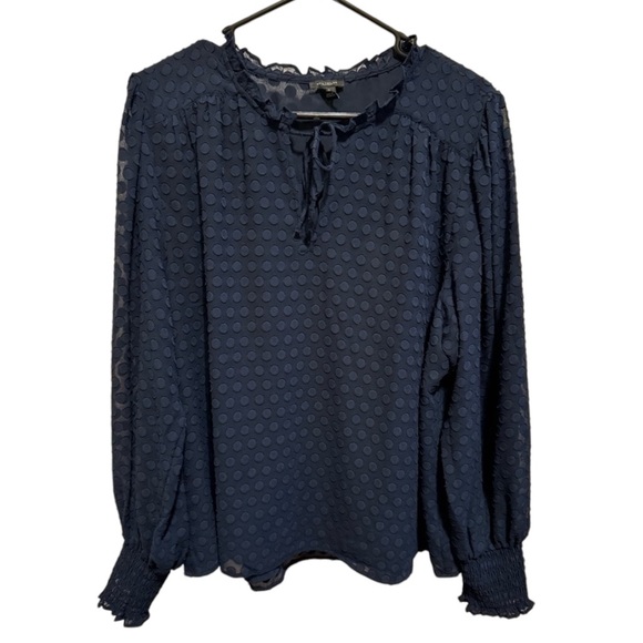Ann Taylor Tops - Ann Taylor Navy Blue Polka Dot Long Sleeve Blouse Sz XXL